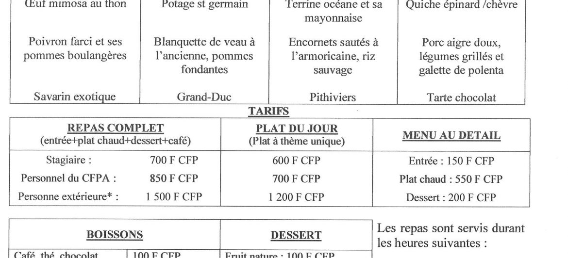 Menu du restaurant pédagogique de Faaroa du 11 au 21 Avril 2022