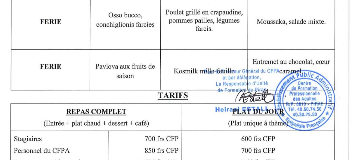 Menu du restaurant pédagogique de Pirae du 19 au 21 Avril 2022