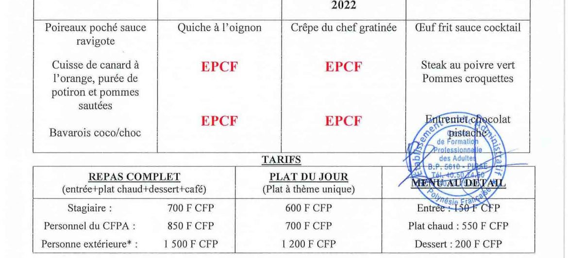 Menu du restaurant pédagogique de Faaroa du 06 au 16 Juin 2022