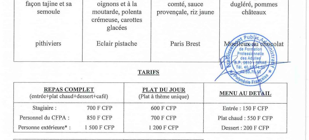 Menu du restaurant pédagogique de Faaroa du 20 au 23 Juin 2022