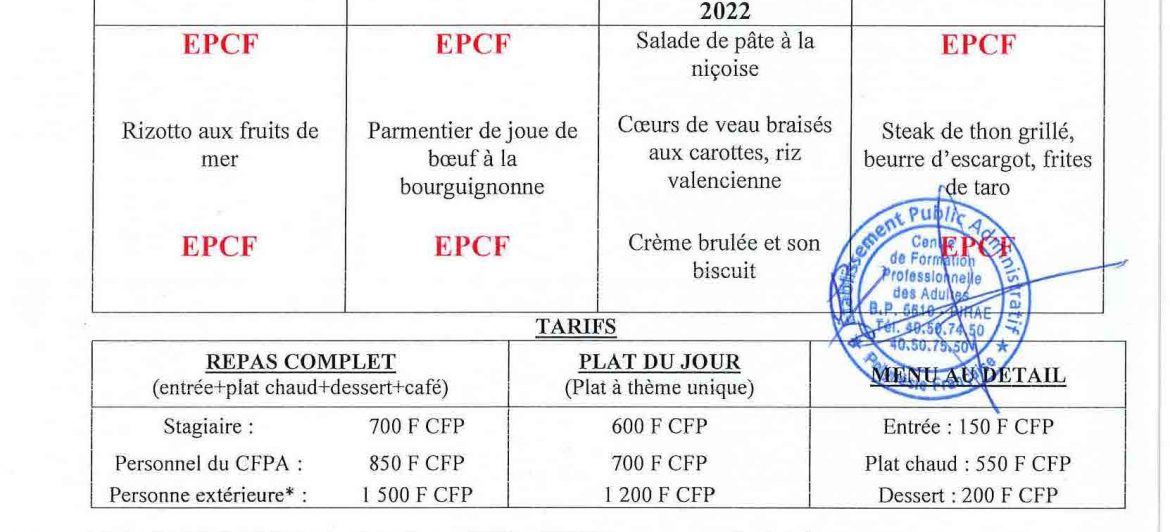 Menu du restaurant pédagogique de Faaroa du 23 Mai au 02 Juin 2022