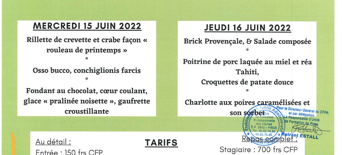 Menu du restaurant pédagogique de Pirae du 14 au 16 Juin 2022