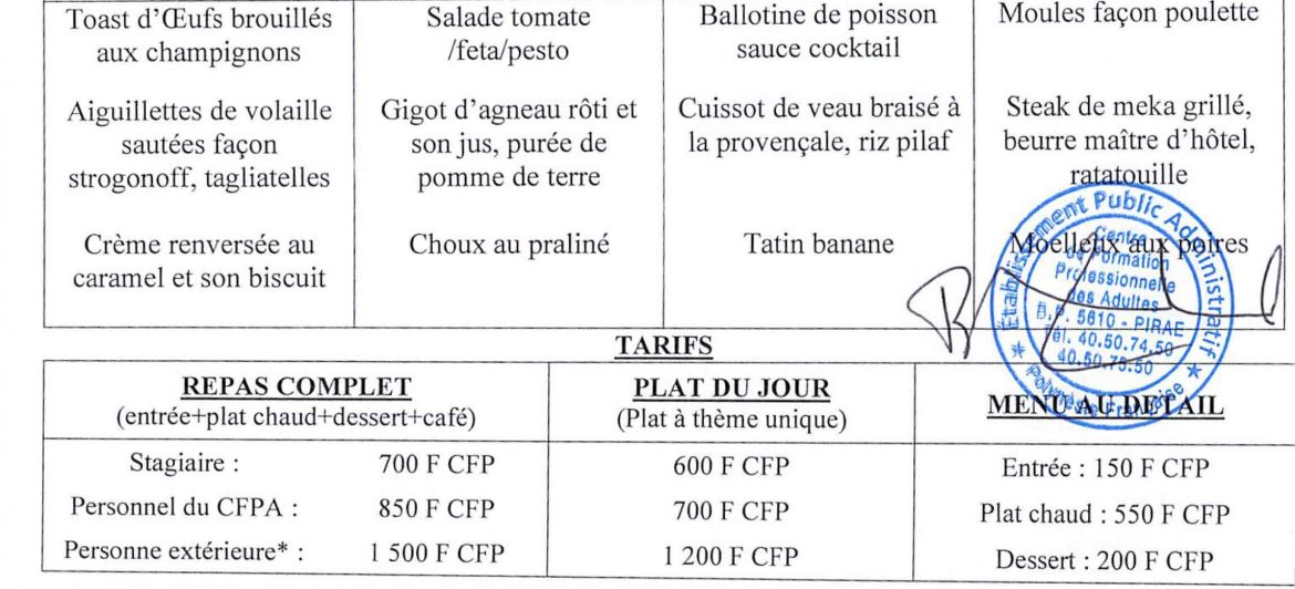 Menu du restaurant pédagogique de Faaroa du 12 au 22 Septembre 2022