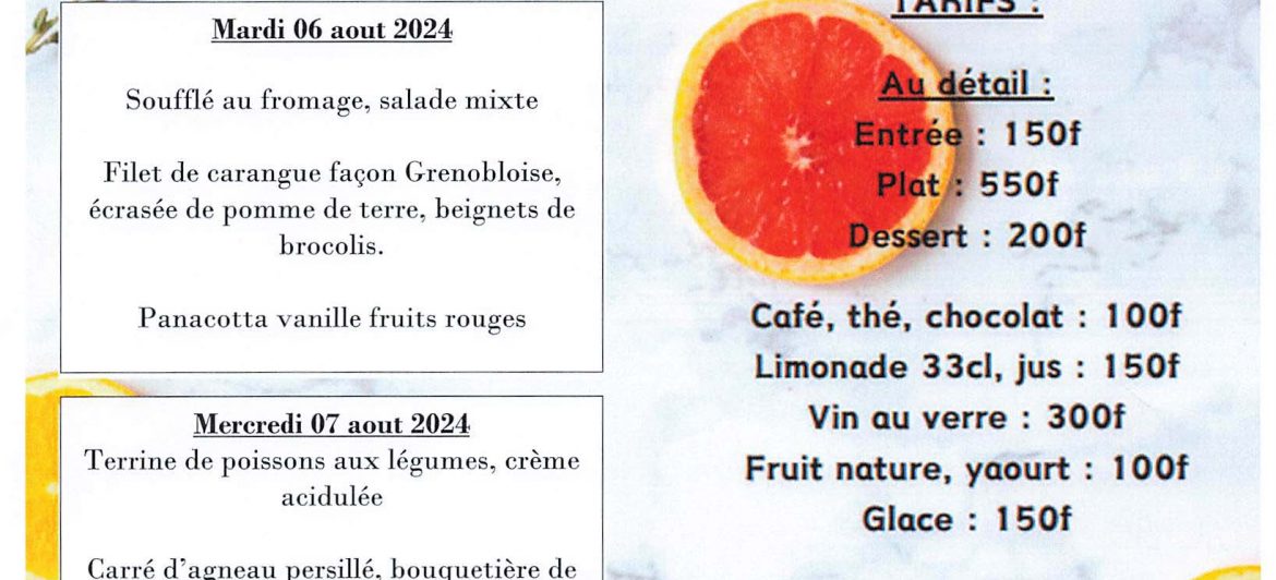 Menu du restaurant pédagogique de Pirae du 05 au 08 Aout 2024