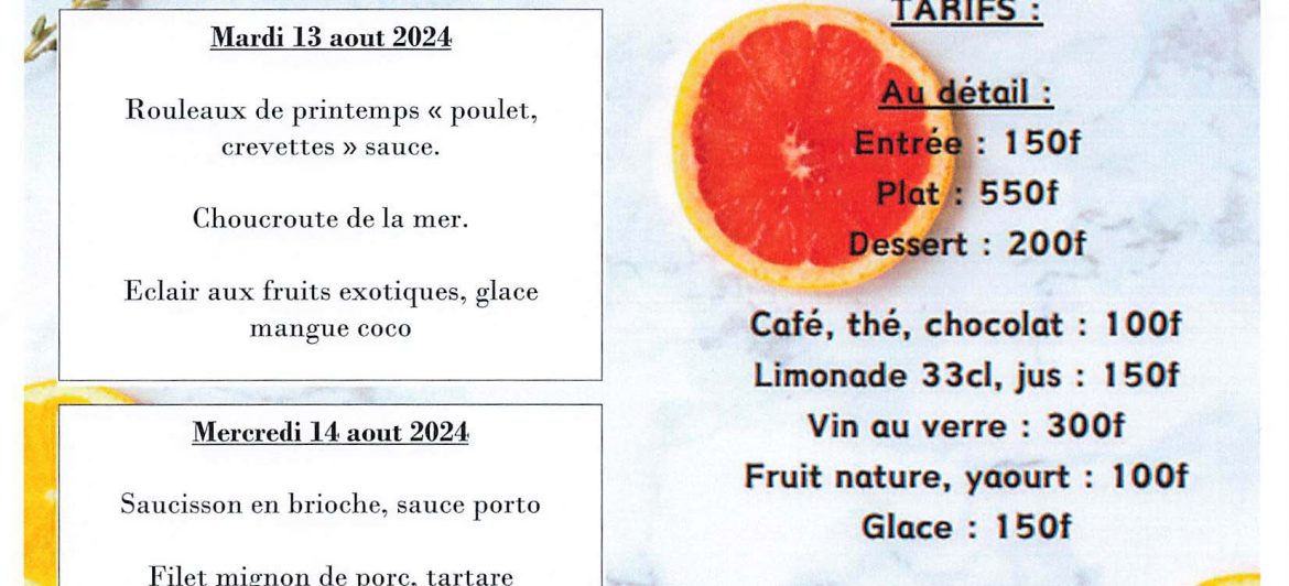 Menu du restaurant pédagogique de Pirae du 12 au 14 Aout 2024