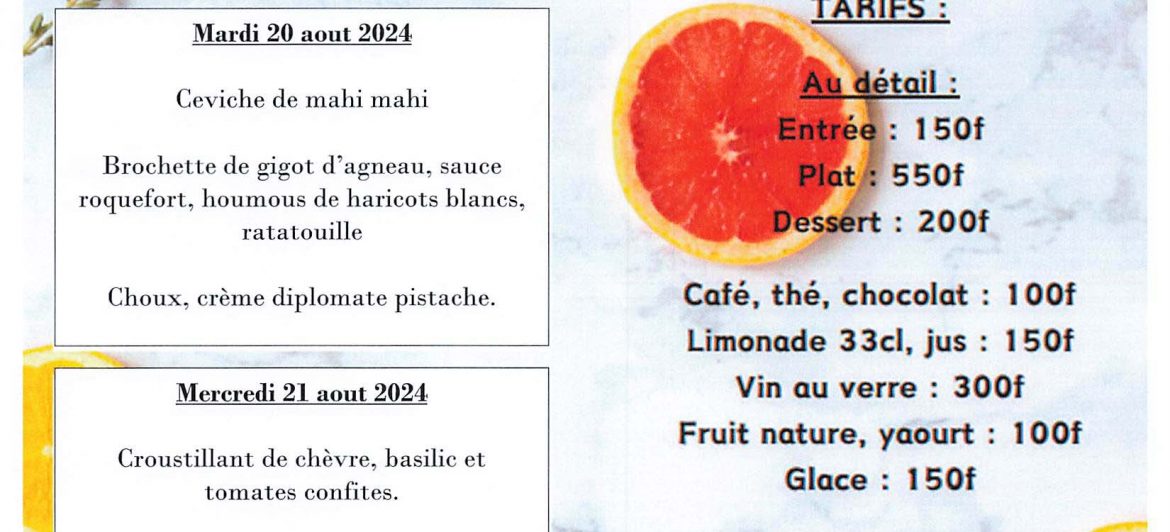 Menu du restaurant pédagogique de Pirae du 19 au 22 Aout 2024