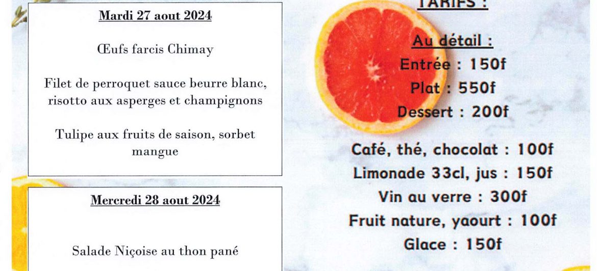 Menu du restaurant pédagogique de Pirae du 26 au 29 Aout 2024