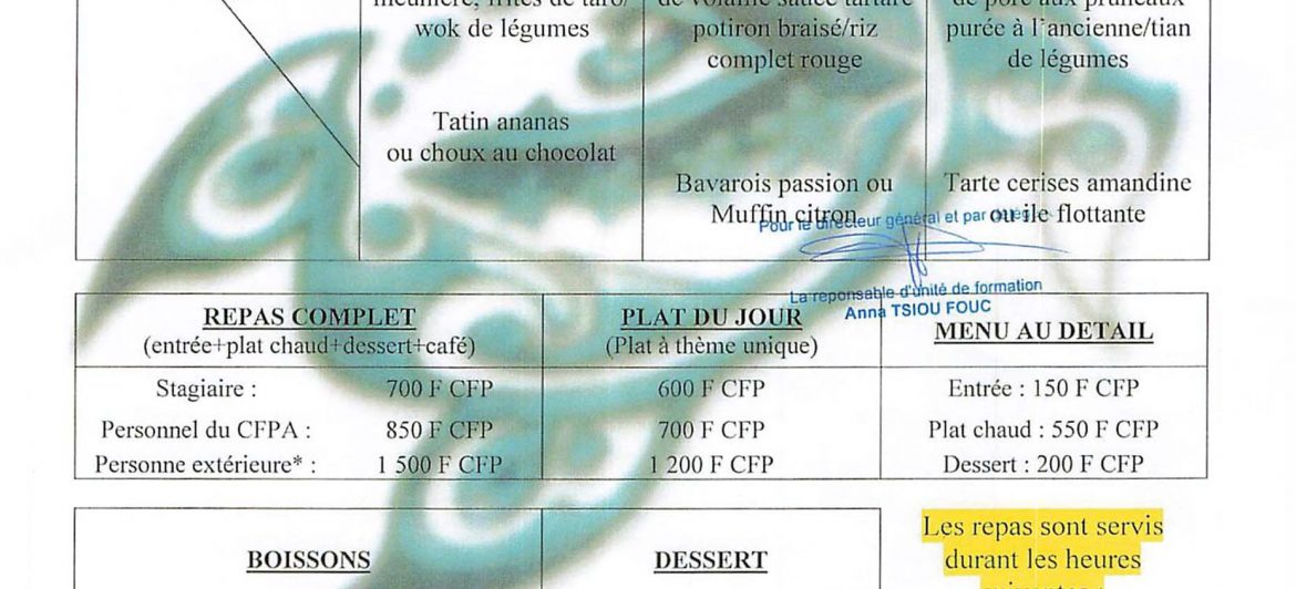 Menu du restaurant pédagogique de Faaroa du 12 au 14 Novembre 2024