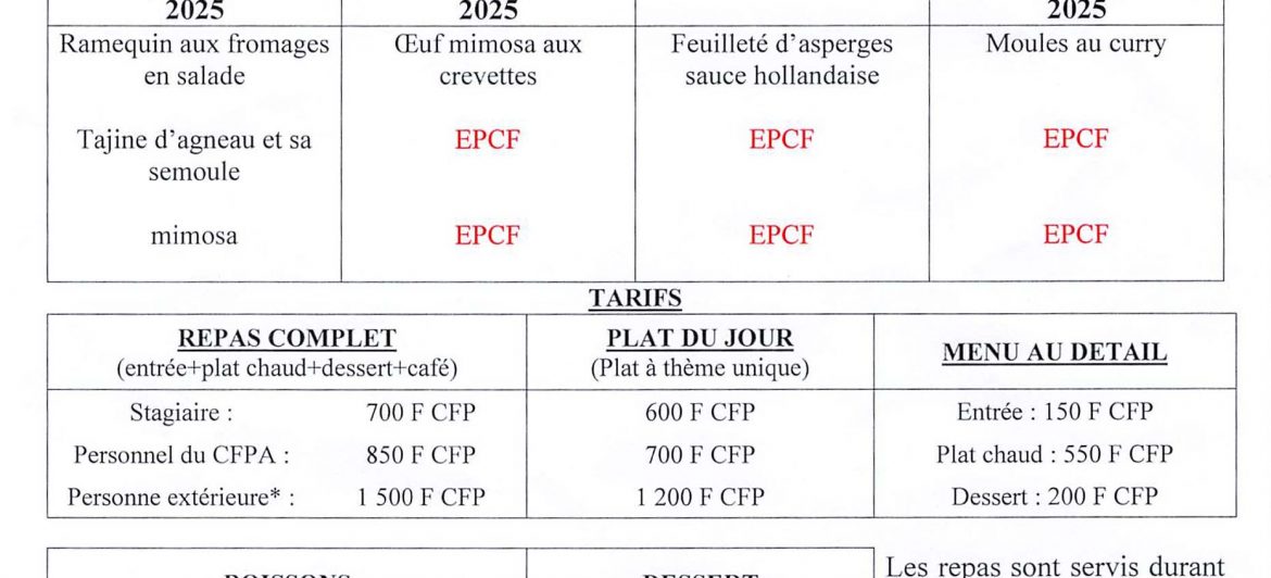 Menu du restaurant pédagogique de Faaroa du 20 au 30 Janvier 2025